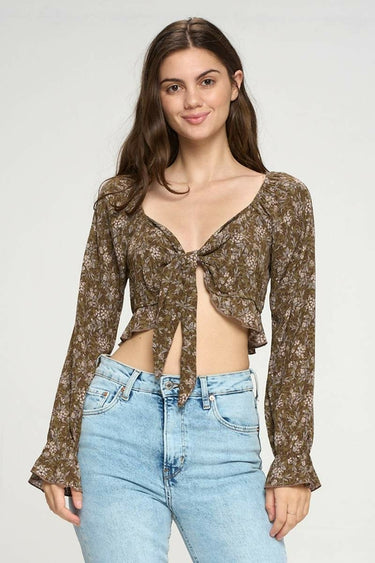 Tie Front Long Sleeve Crop Blouse